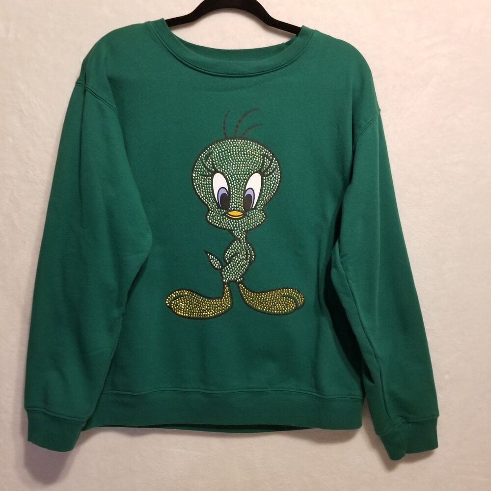 Looney Tunes XL Sweatshirt Crew Neck Tweety Bird Green Jeweled Studs Y2K 90s